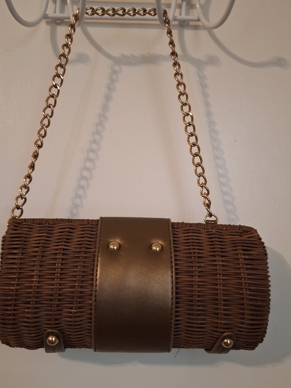 Woven Brown Mini Barrel Bag with Gold Chain Strap - Picture 4 of 5